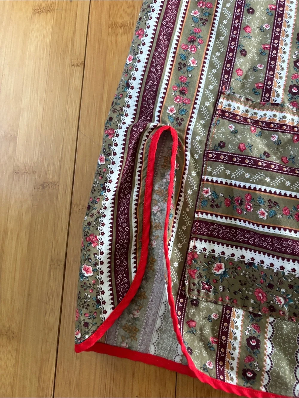 Olive Green Floral Stripe Kitchen Apron with Red Trim